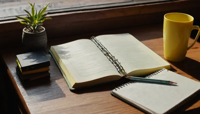 Çalışma masası, açık defter ve kitaplar